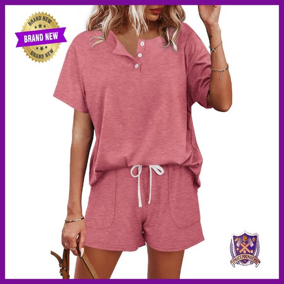 Soft Lounge Set Button Top Drawstring Shorts Pockets Comfortable